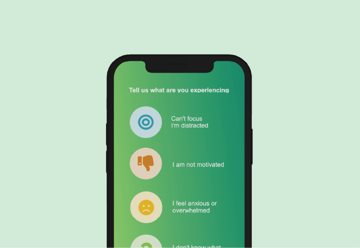 Quick relief tools screen, including options for lack of motivation, and anxiety